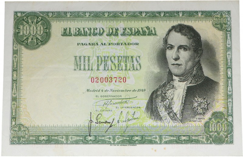 1949. Franco (1939-1975). 1000 pesetas. Tres dobleces verticales y doblez horizo...