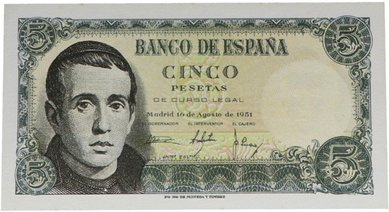 1951. Franco (1939-1975). 5 pesetas. Sin serie. Leve ondulación en pico superior...