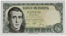 1951. Franco (1939-1975). 5 pesetas. Sin serie. Leve ondulación en pico superior izquierdo. SC. Est.40.