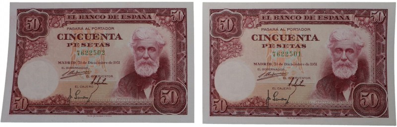 1951. Billetes Españoles. Franco (1939-1975). Pareja de 50 pesetas. Pick 141a. A...
