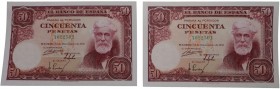 1951. Billetes Españoles. Franco (1939-1975). Pareja de 50 pesetas. Pick 141a. Apresto original. SC. Est.275.