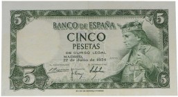 1954. Franco (1939-1975). 5 pesetas. Serie S. Doblez central. Todo su apresto original. EBC+. Est.6.
