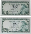 1954. Franco (1939-1975). Pareja de 5 pesetas. Sin serie. Todo su apresto original. Manchita en marca de agua del acabado en 3 y a la derecha del bust...
