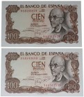 1970. Franco (1939-1975). Pareja de 100 pesetas. Serie de sustitución 9A. Doblez central. Todo su apresto original. EBC+. Est.24.