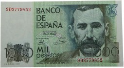 1979. Billetes Españoles. Juan Carlos I (1975-2014). 1000 pesetas. Pick 158. Planchado. Doblez central. Serie especial de sustitución 9D. EBC. Est.55....