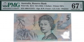 ND (1992). Billetes Extranjeros. Australia. 5 dólares. Pick 50a. Certificado PMG 67 EPQ. SC. Est.30.
