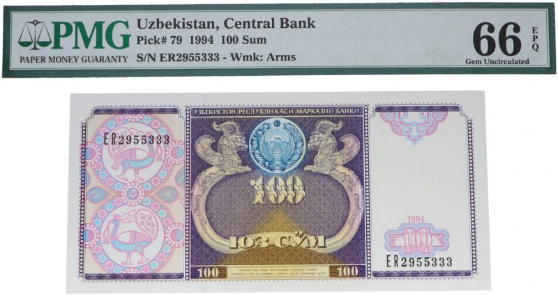 1994. Uzbekistan. 100 Sum. Pick 79. Encapsulado en PMG 66. Est.20.