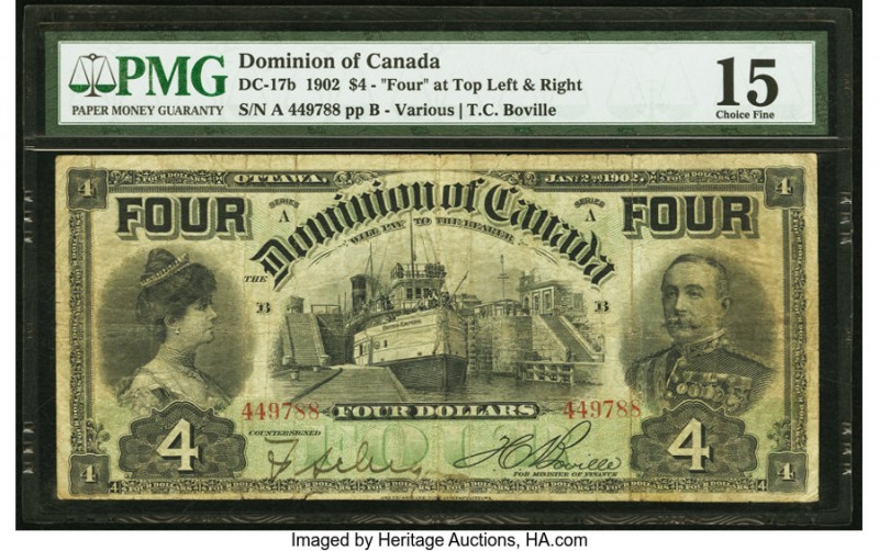 Canada Dominion of Canada $4 2.1.1902 DC-17b PMG Choice Fine 15. A bold "Four" i...