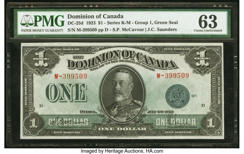 Canada Dominion of Canada $1 2.7.1923 DC-25d PMG Choice Uncirculated 63. A well ...