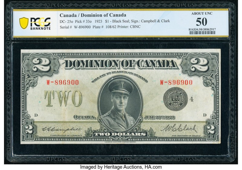 Canada Dominion of Canada $2 23.6.1923 DC-26l PCGS Banknote About Unc 50. Campbe...