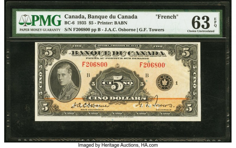 Canada Bank of Canada $5 1935 BC-6 PMG Choice Uncirculated 63 EPQ. A high grade ...