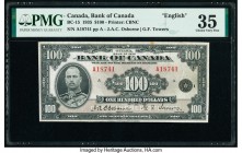 Canada Bank of Canada $100 1935 BC-15 PMG Choice Very Fine 35. Printed by The Canadian Bank Note Company, Ltd., this English text example is enhanced ...