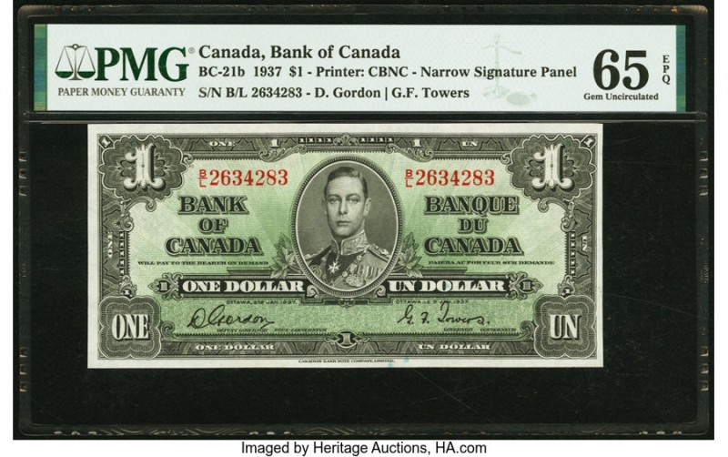 Canada Bank of Canada $1 2.1.1937 BC-21b PMG Gem Uncirculated 65 EPQ. An Uncircu...