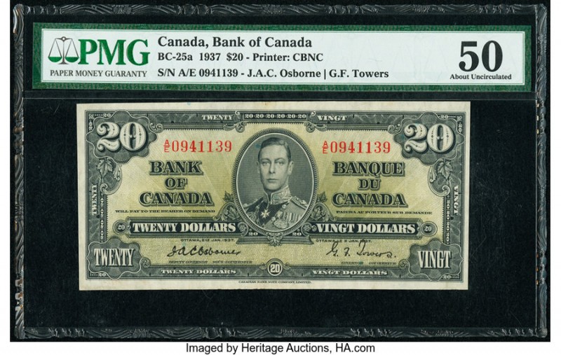 Canada Bank of Canada $20 2.1.1937 BC-25a PMG About Uncirculated 50. First prefi...