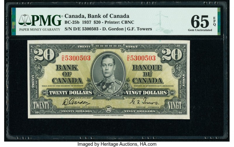 Canada Bank of Canada $20 2.1.1937 BC-25b PMG Gem Uncirculated 65 EPQ. A D/E pre...