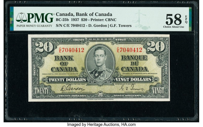 Canada Bank of Canada $20 2.1.1937 BC-25b PMG Choice About Unc 58 EPQ. A mid-den...