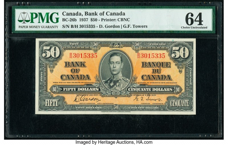 Canada Bank of Canada $50 2.1.1937 BC-26b PMG Choice Uncirculated 64. Vivid colo...