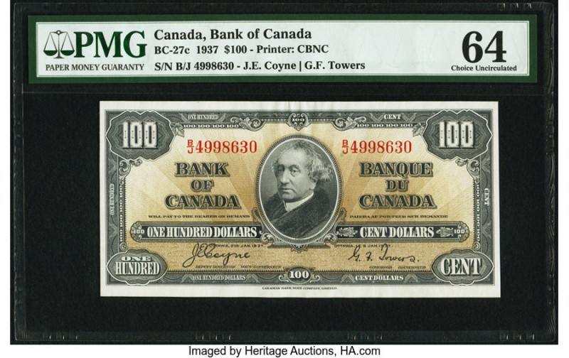 Canada Bank of Canada $100 2.1.1937 BC-27c PMG Choice Uncirculated 64. A portrai...