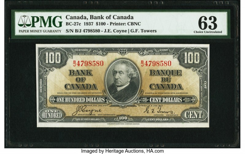 Canada Bank of Canada $100 2.1.1937 BC-27c PMG Choice Uncirculated 63. Coyne-Tow...