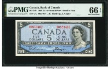 Canada Bank of Canada $5 1954 BC-31b "Devil's Face" PMG Gem Uncirculated 66 EPQ. Bold contrasting inks create a stunning eye appeal on this "Devil's F...