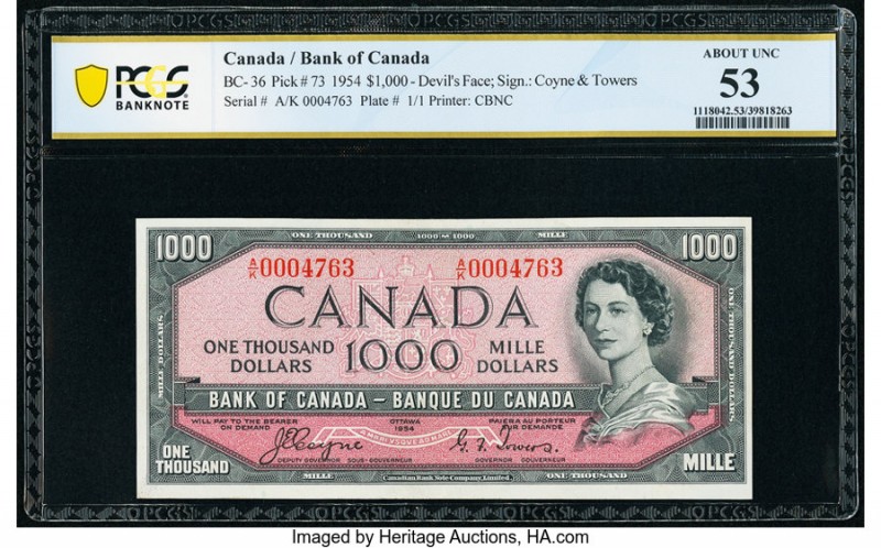Canada Bank of Canada $1000 1954 Pick 73 BC-36 "Devil's Face" PCGS Banknote Abou...