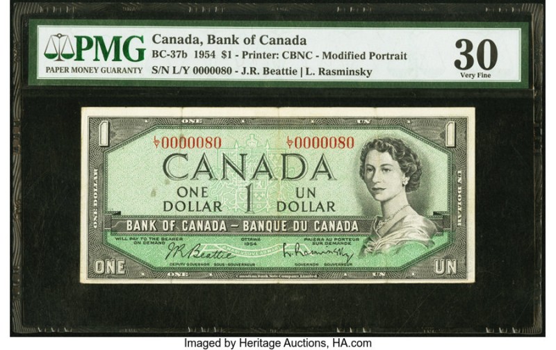 Canada Bank of Canada $1 1954 BC-37b PMG Very Fine 30. Low serial number 80.

HI...