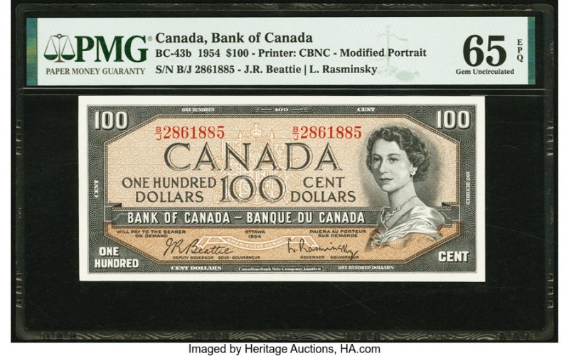 Canada Bank of Canada $100 1954 BC-43b PMG Gem Uncirculated 65 EPQ. A B/J prefix...