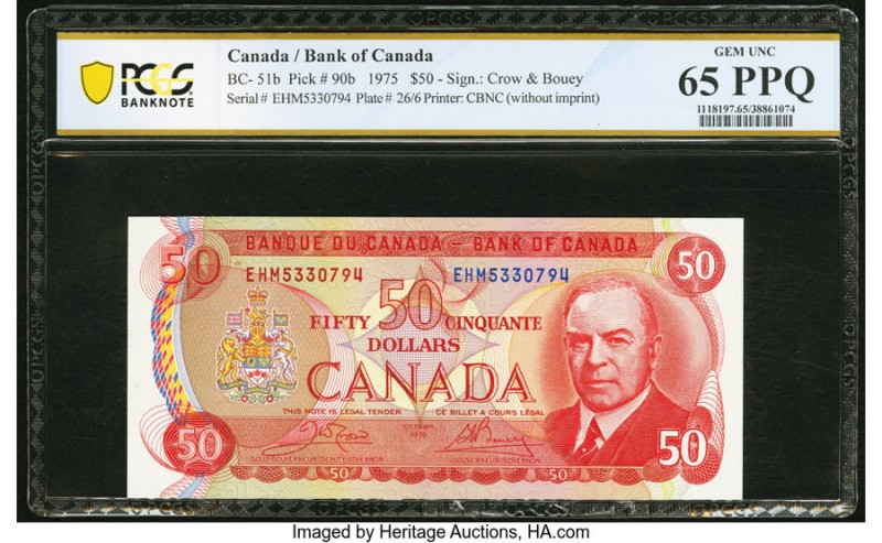 Canada Bank of Canada $50 1975 BC-51b PCGS Banknote Gem Unc 65 PPQ. A portrait o...