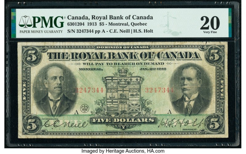 Canada Montreal, PQ- Royal Bank of Canada $5 2.1.1913 Ch.# 630-12-04 PMG Very Fi...