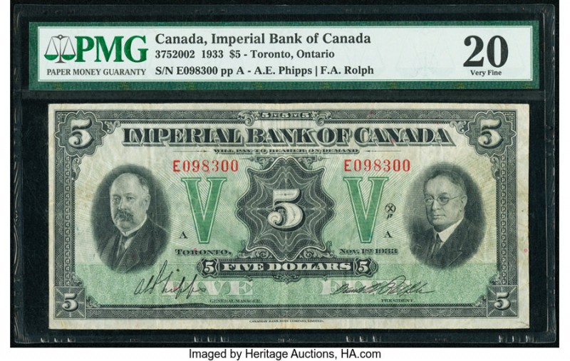 Canada Toronto, ON- Imperial Bank of Canada $5 1.11.1933 Ch.# 375-20-02 PMG Very...