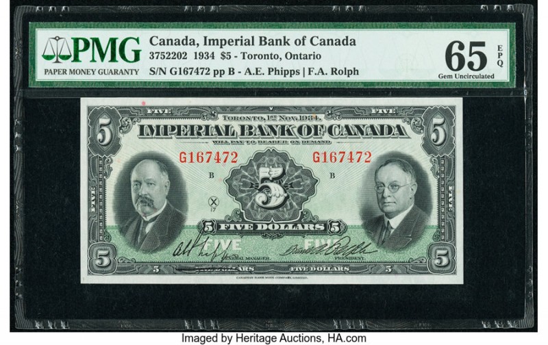 Canada Toronto, ON- Imperial Bank of Canada $5 1.11.1934 Ch.# 375-22-02 PMG Gem ...