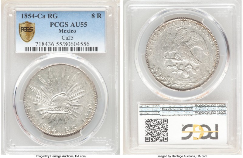 Republic 8 Reales 1854 Ca-RG AU55 PCGS, Chihuahua mint, KM377.2, DP-Ca25. Well-p...