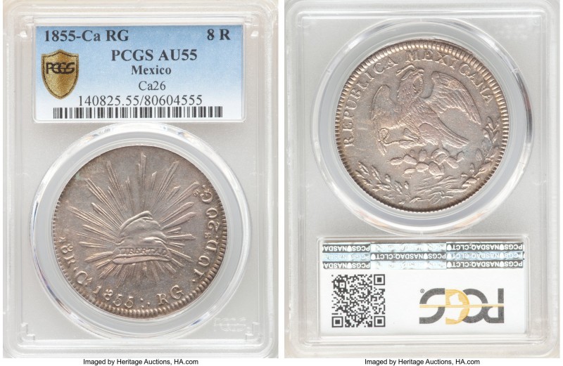 Republic 8 Reales 1855 Ca-RG AU55 PCGS, Chihuahua mint, KM377.2, DP-Ca26 (this c...