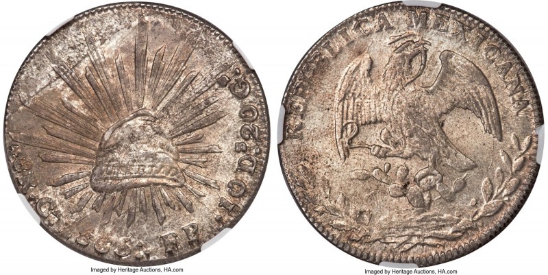 Republic 8 Reales 1865 Ca-FP MS63 NGC, Chihuahua mint, KM377.2, DP-Ca39 (Extreme...