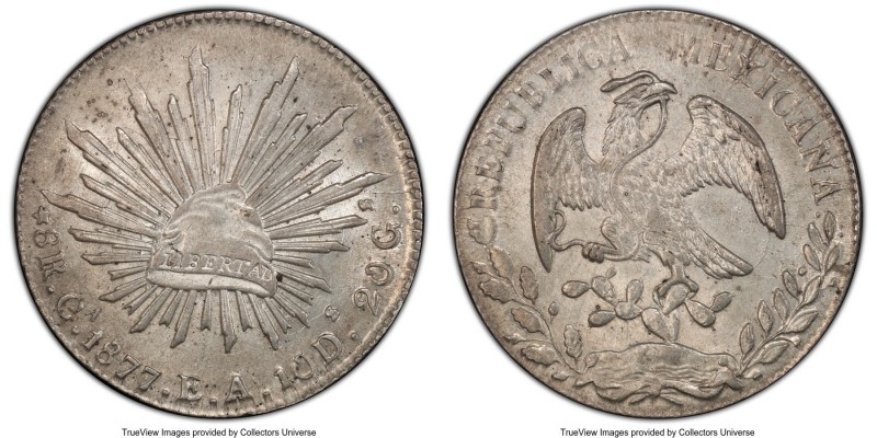 Republic 8 Reales 1877 Ca-EA MS62 PCGS, Chihuahua mint, KM377.2, DP-Ca55. Expres...