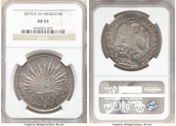 Republic 8 Reales 1877 Ca-AV AU55 NGC, Chihuahua mint, KM377.2, DP-Ca56. Quite appealing in this almost uncirculated condition, the certified populati...