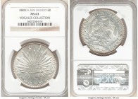 Republic 8 Reales 1885 Ca-MM MS63 NGC, Chihuahua mint, KM377.2, DP-Ca68. Revealing heavy die clashing on the obverse with ample satin luster preserved...