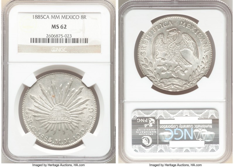 Republic 8 Reales 1885 Ca-MM MS62 NGC, Chihuahua mint, KM377.2, DP-Ca68. Remarka...