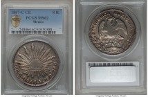 Republic 8 Reales 1867 C-CE MS62 PCGS, Culiacan mint, KM377.3, DP-Cn24. Lustrous Mint State with attractive pale orange toning. Noted as "rare" above ...