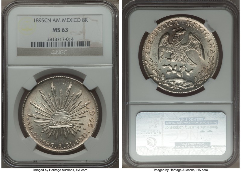Republic 8 Reales 1895 Cn-AM MS63 NGC, Culiacan mint, KM377.3. Choice, with brig...