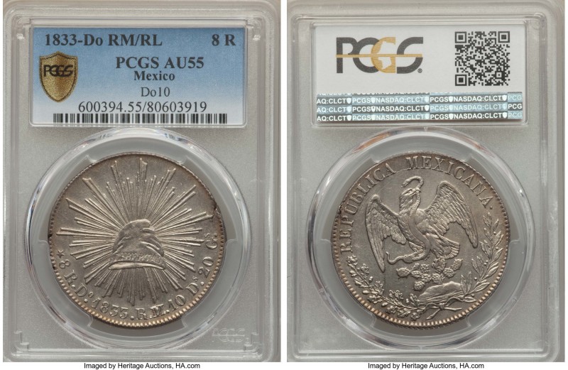 Republic 8 Reales 1833 Do-RM/RL AU55 PCGS, Durango mint, KM377.4, DP-Do10. An at...