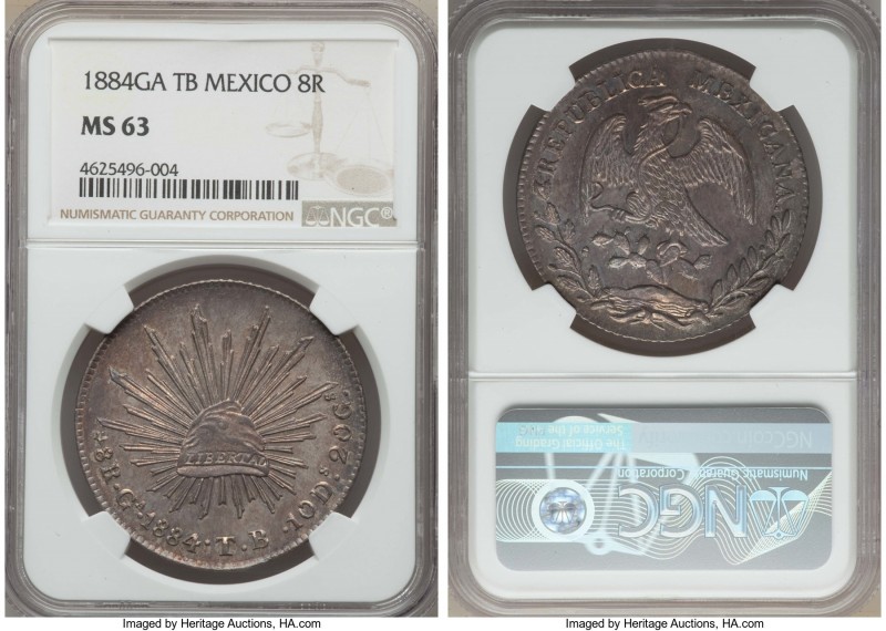 Republic 8 Reales 1884 Ga-TB MS63 NGC, Guadalajara mint, KM377.6, DP-Ga68. Well ...
