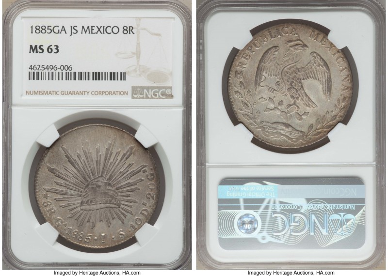 Republic 8 Reales 1885 Ga-JS MS63 NGC, Guadalajara mint, KM377.6, DP-Ga71. A sca...