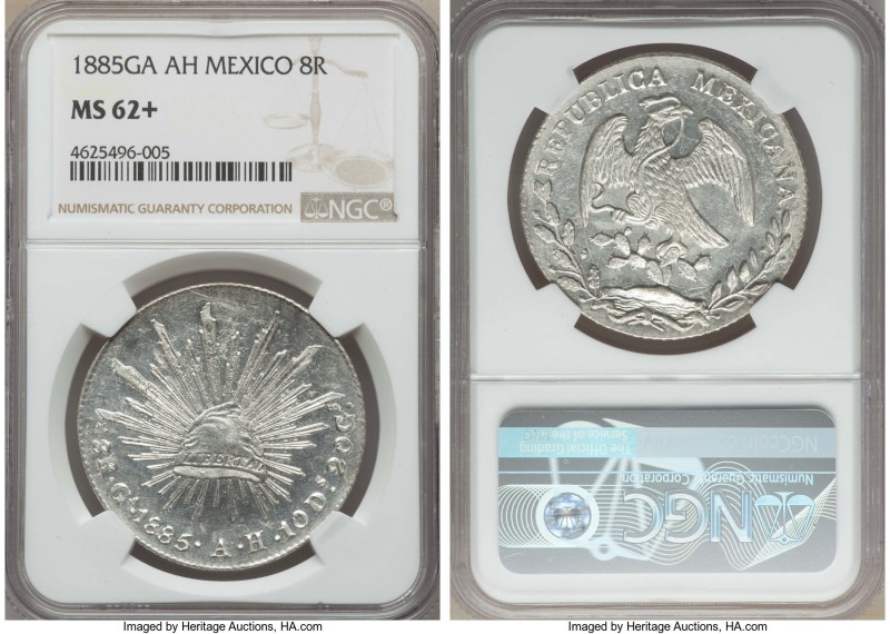 Republic 8 Reales 1885 Ga-AH MS62+ NGC, Guadalajara mint, KM377.6, DP-Ga70. Pres...