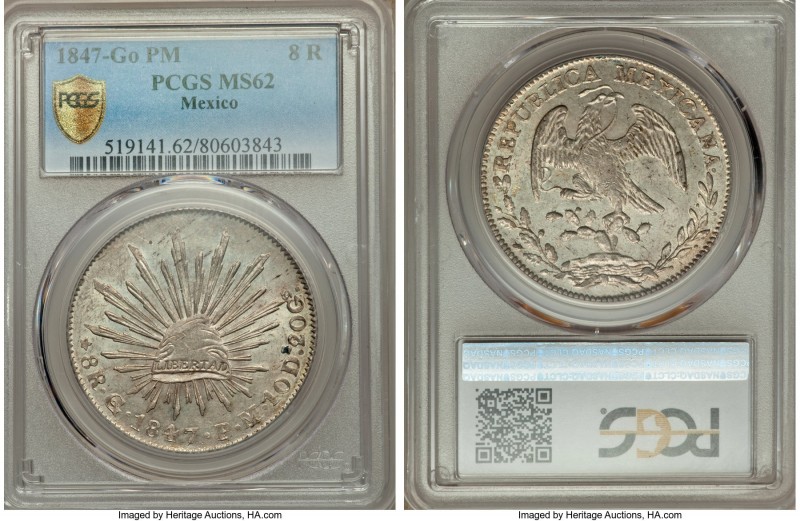 Republic 8 Reales 1847 Go-PM MS62 PCGS, Guanajuato mint, KM377.8, DP-Go30. A lus...