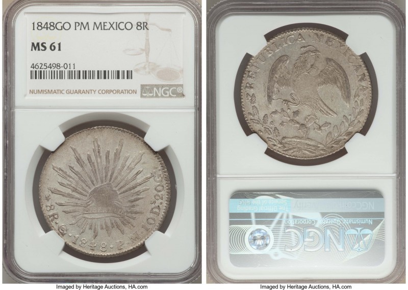 Republic 8 Reales 1848 Go-PM MS61 NGC, Guanajuato mint, KM377.8, DP-Go31. Wholly...
