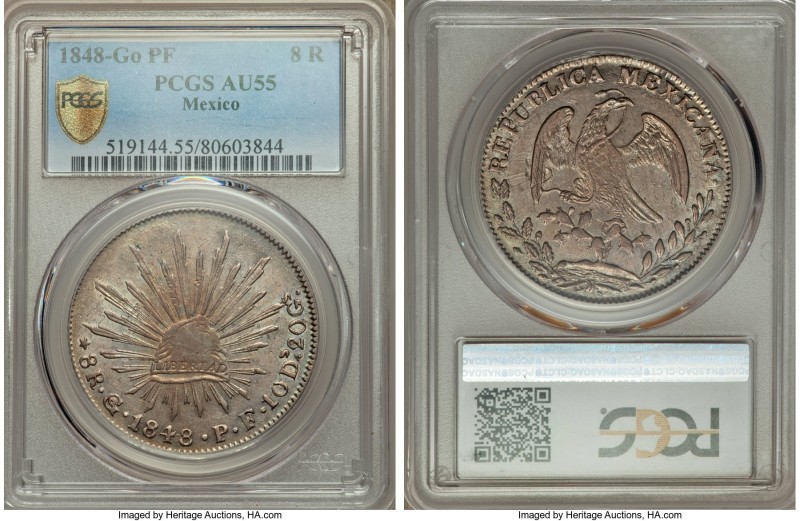 Republic 8 Reales 1848 Go-PF AU55 PCGS, Guanajuato mint, KM377.8, DP-Go32. Hands...