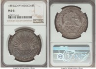 Republic 8 Reales 1855 Go-PF MS61 NGC, Guanajuato mint, KM377.8, DP-Go39. Rare in this Mint State presentation with a nice graphite tone and blooming ...