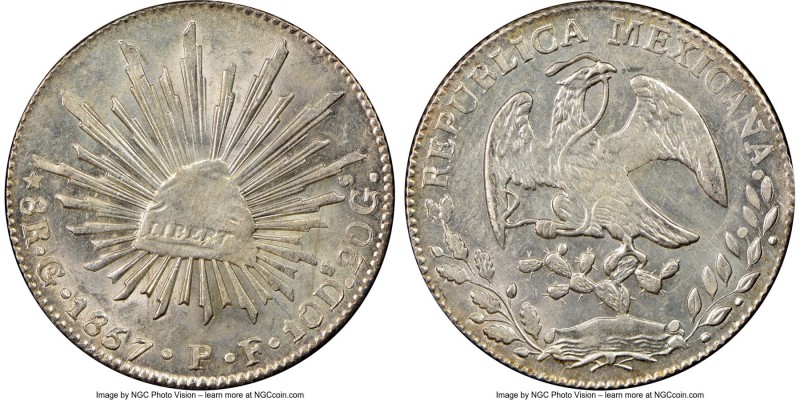 Republic 8 Reales 1857 Go-PF MS62 NGC, Guanajuato mint, KM377.8, DP-Go41. Lustro...