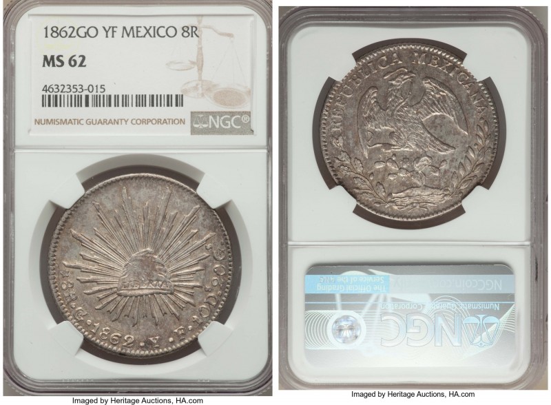 Republic 8 Reales 1862 Go-YF MS62 NGC, Guanajuato mint, KM377.8, DP-Go47 (this c...